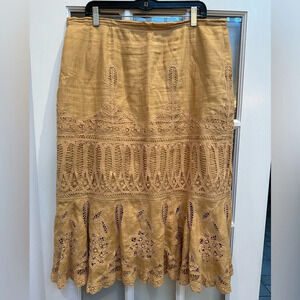 JSong Collection 100% Linen Lace Embroidery Midi Length Beige Skirt Size 16 XXL